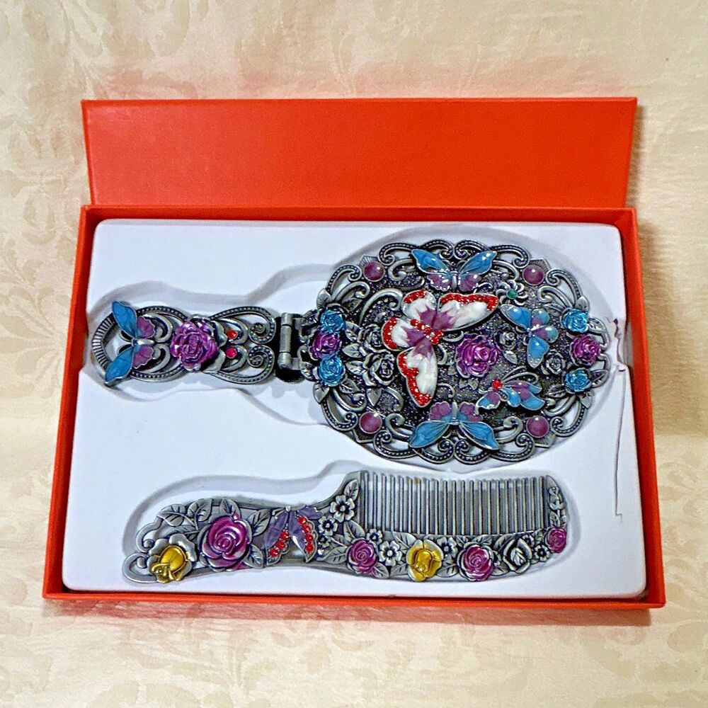 Vintage Style Enamel Butterfly Vanity Set Folding Hand Mirror & Hair Comb In Box